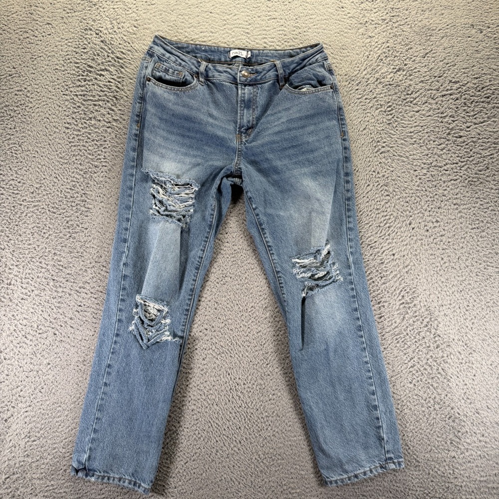 Rue21 Jeans Women 12 Blue Straight Cotton Denim Faded Distressed Workwear Travel